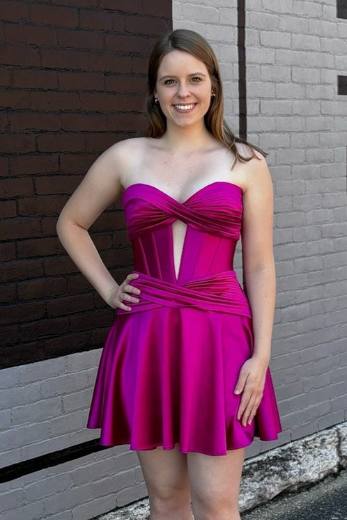 Strapless Hot Pink Twist A-line Short Dress