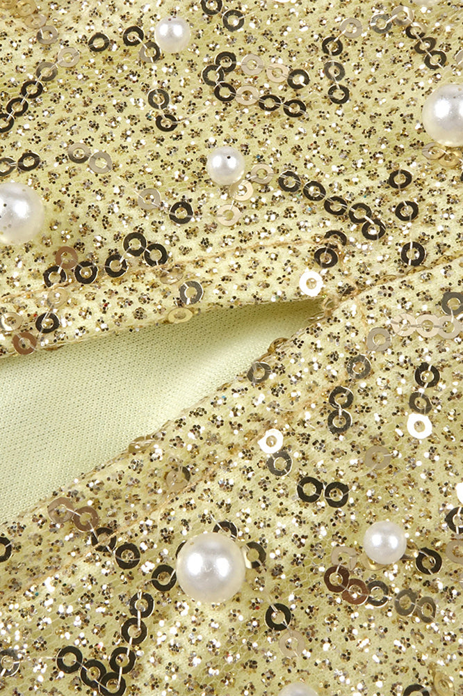 
                      
                        Strapless Gold Column Sequin Long Dress with Pearls
                      
                    