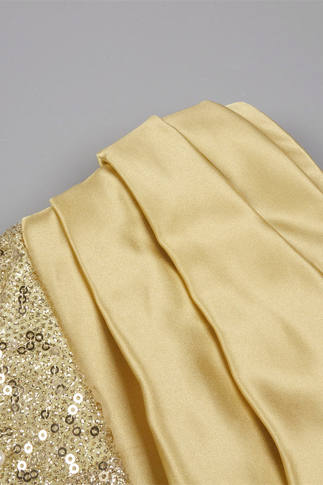 
                      
                        Strapless Gold Column Sequin Long Dress with Pearls
                      
                    