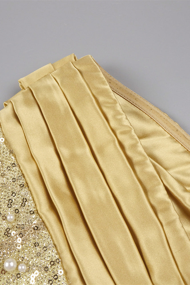 
                      
                        Strapless Gold Column Sequin Long Dress with Pearls
                      
                    