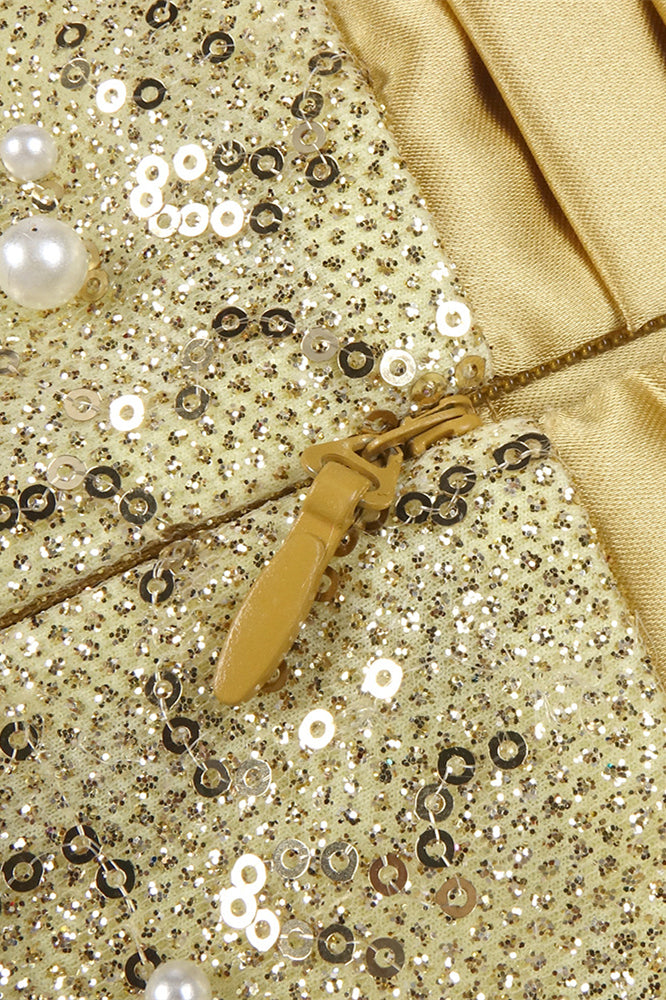 
                      
                        Strapless Gold Column Sequin Long Dress with Pearls
                      
                    