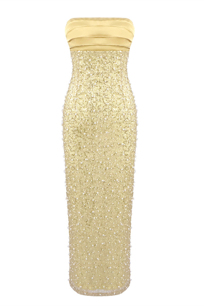 Strapless Gold Column Sequin Long Dress with Pearls