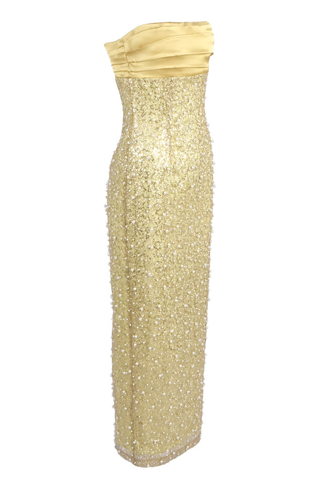 
                      
                        Strapless Gold Column Sequin Long Dress with Pearls
                      
                    