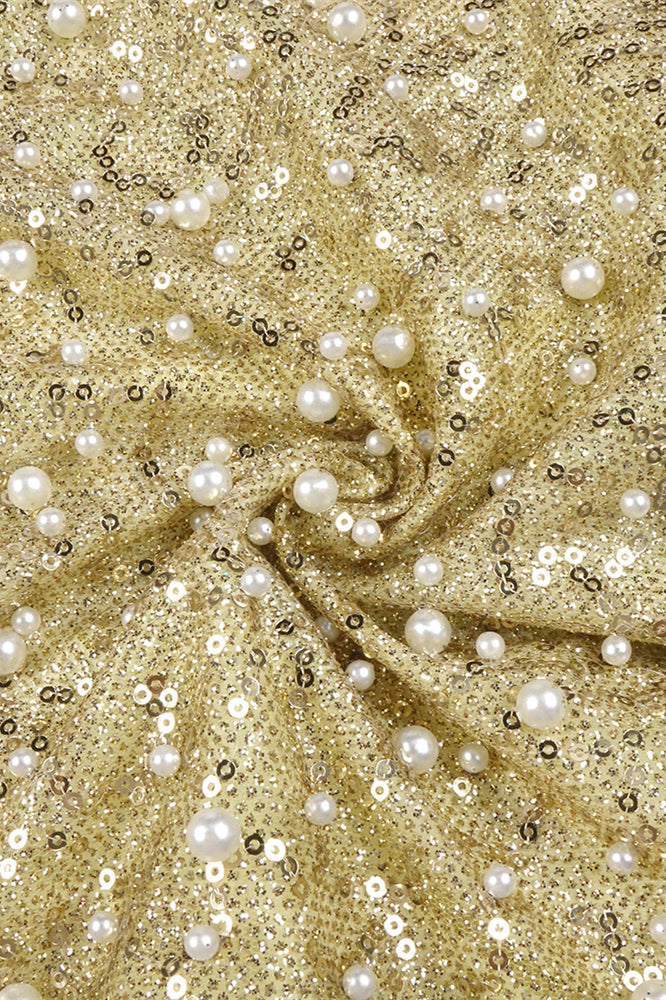 
                      
                        Strapless Gold Column Sequin Long Dress with Pearls
                      
                    