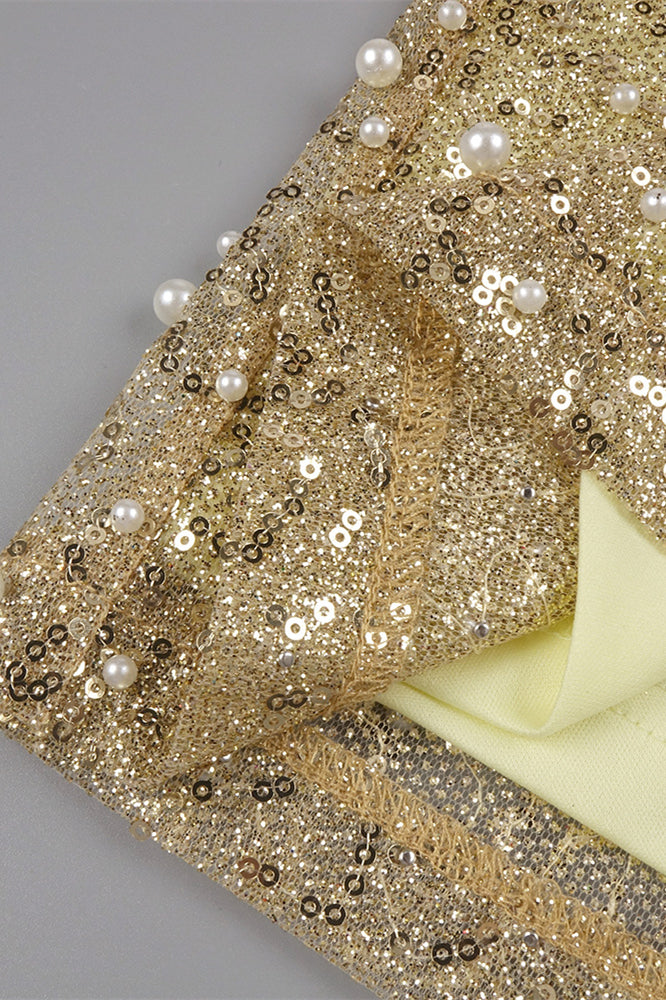 
                      
                        Strapless Gold Column Sequin Long Dress with Pearls
                      
                    