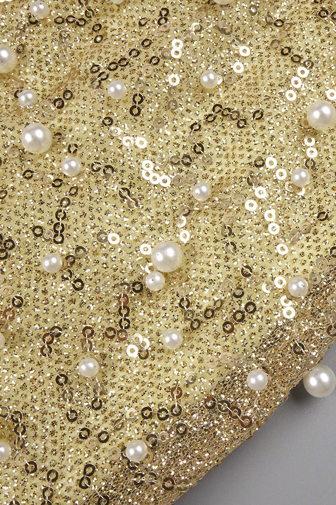 
                      
                        Strapless Gold Column Sequin Long Dress with Pearls
                      
                    