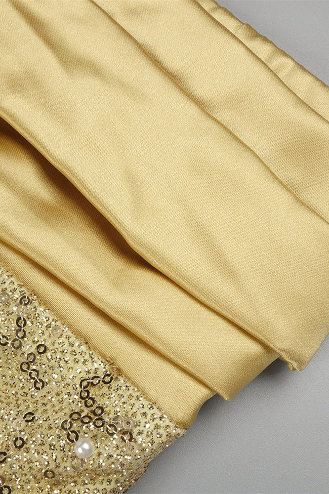 
                      
                        Strapless Gold Column Sequin Long Dress with Pearls
                      
                    