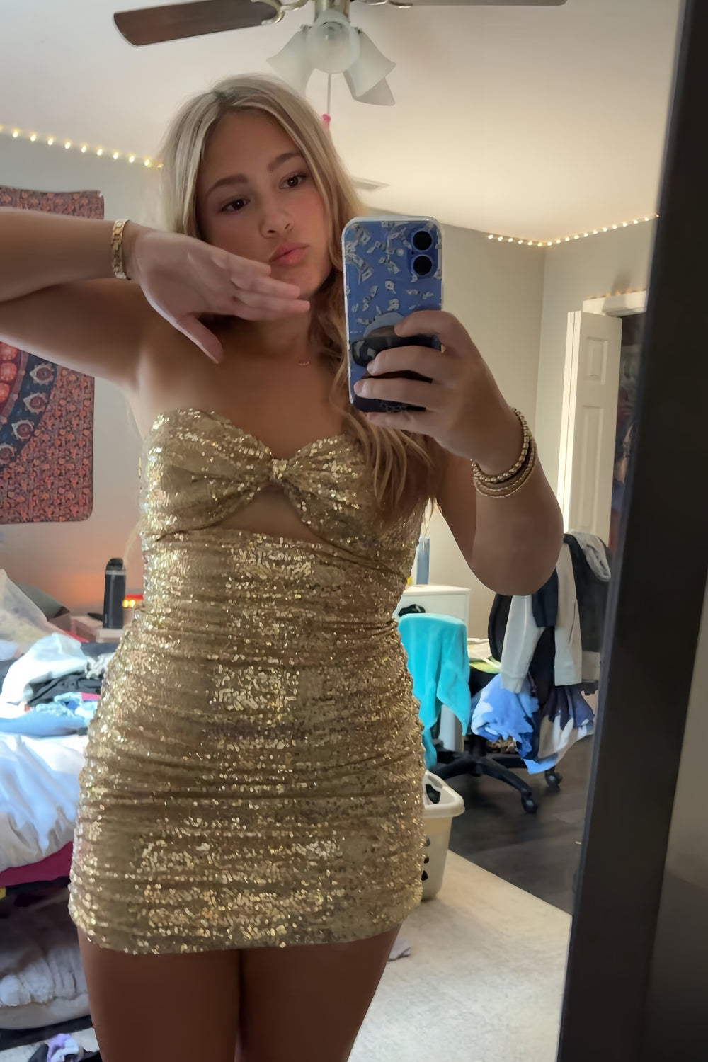 Strapless Gold Cutout Ruched Sequin Short Dress