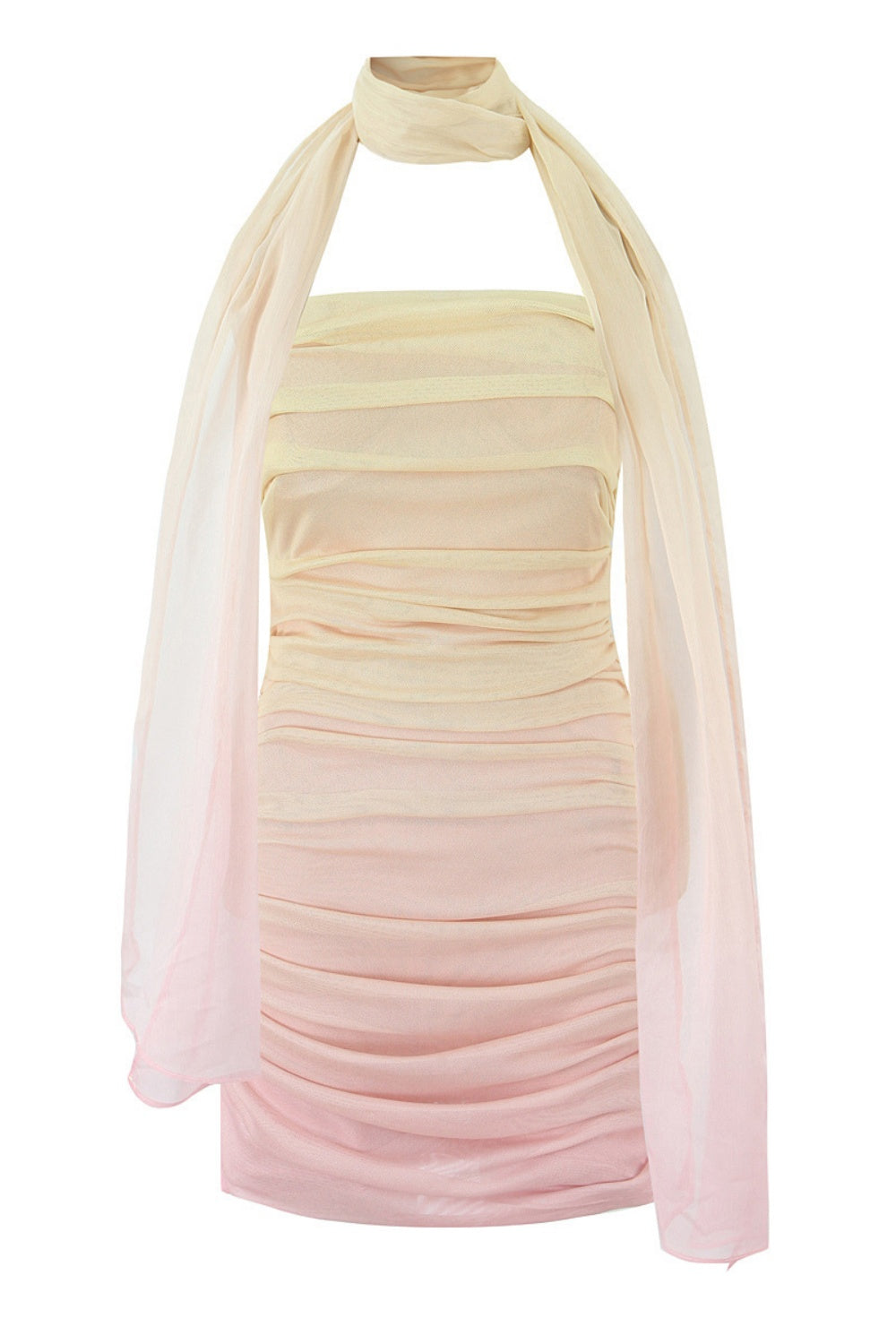 Strapless Gradient Ruched Short Dress with Scarf