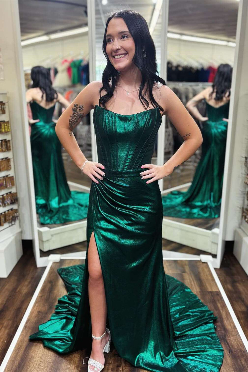 Strapless Green Metallic Ruched Long Dress with Slit