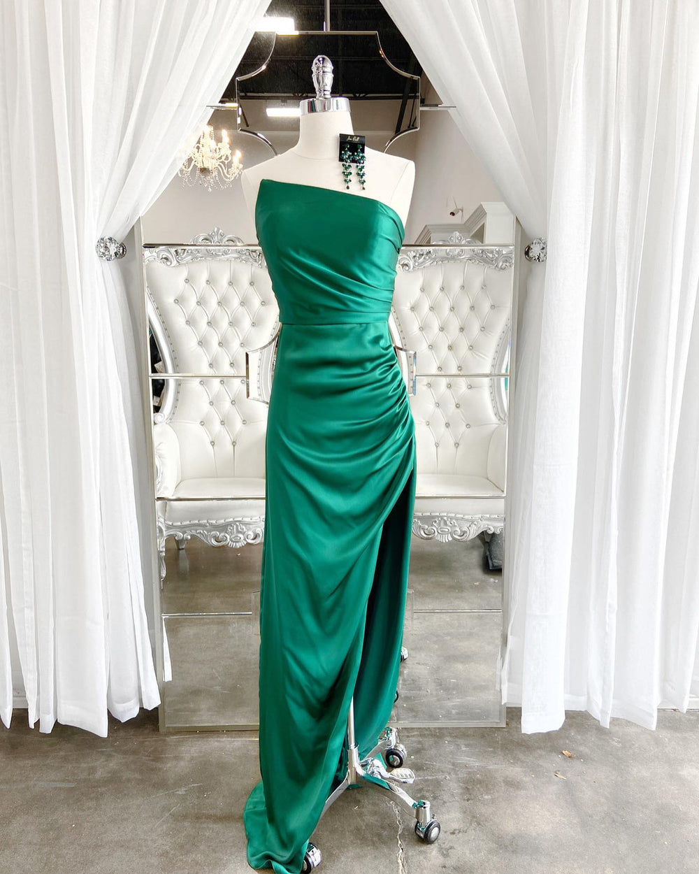 Strapless Green Ruched Long Dress with Slit