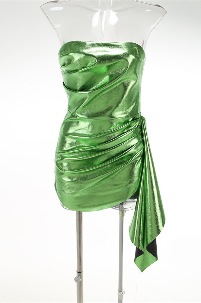 
                      
                        Strapless Green Ruched Short Dress with Streamer
                      
                    