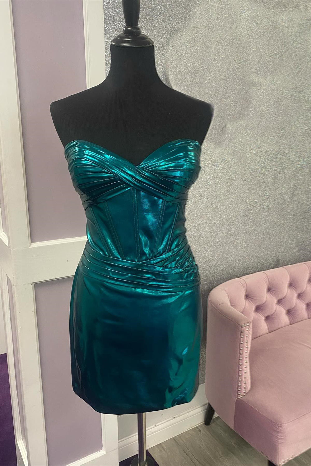 Strapless Green Twist Metallic Bodycon Short Dress