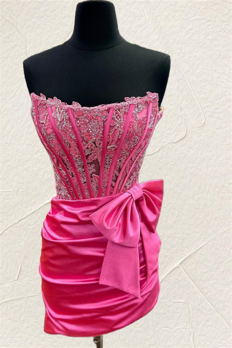 Strapless Hot Pink Appliques Short Dress with Bow