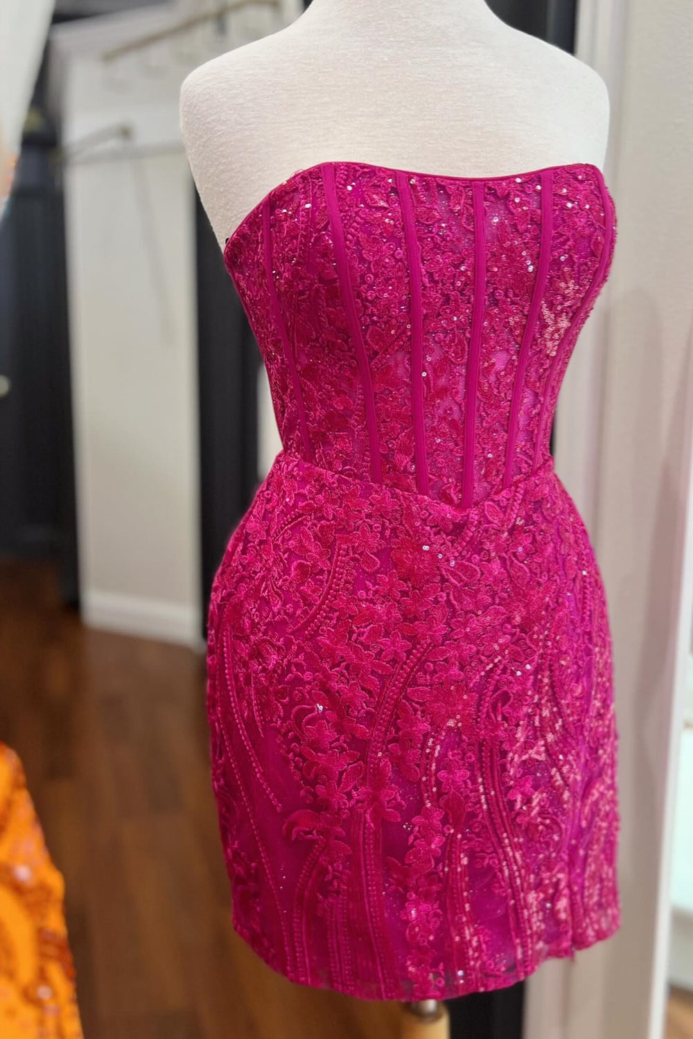 Strapless Hot Pink Appliques Short Dress with Slit