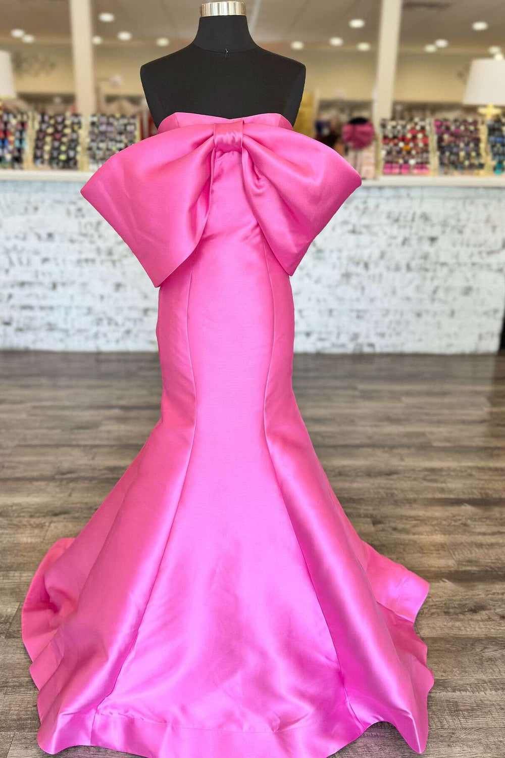 Strapless Hot Pink Bow Mermaid Long Dress