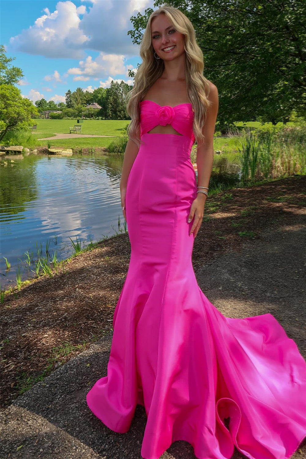 Strapless Hot Pink Mermaid Long Dress with Rosette