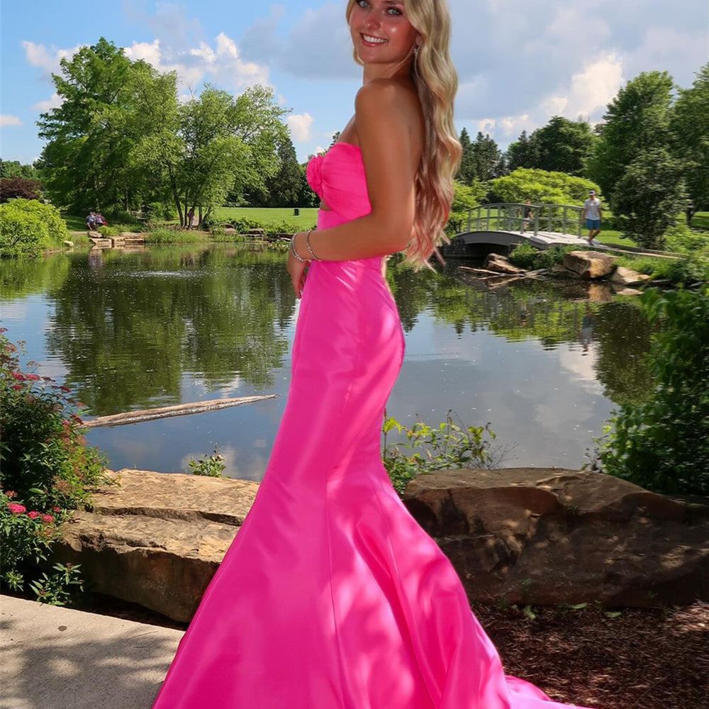 
                      
                        Strapless Hot Pink Mermaid Long Dress with Rosette
                      
                    