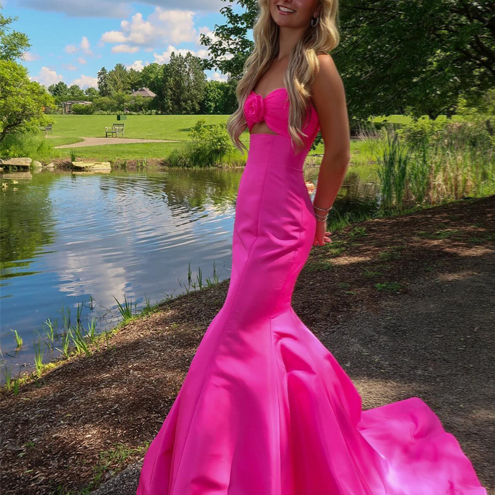 
                      
                        Strapless Hot Pink Mermaid Long Dress with Rosette
                      
                    