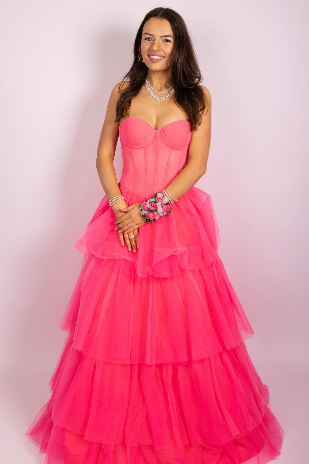 Strapless Watermelon Tiered A-line Long Dress