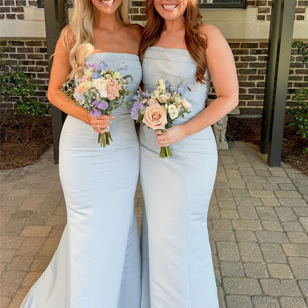 Strapless Ice Blue Pleated Mermaid Bridesmaid Dress – PollyBoutique
