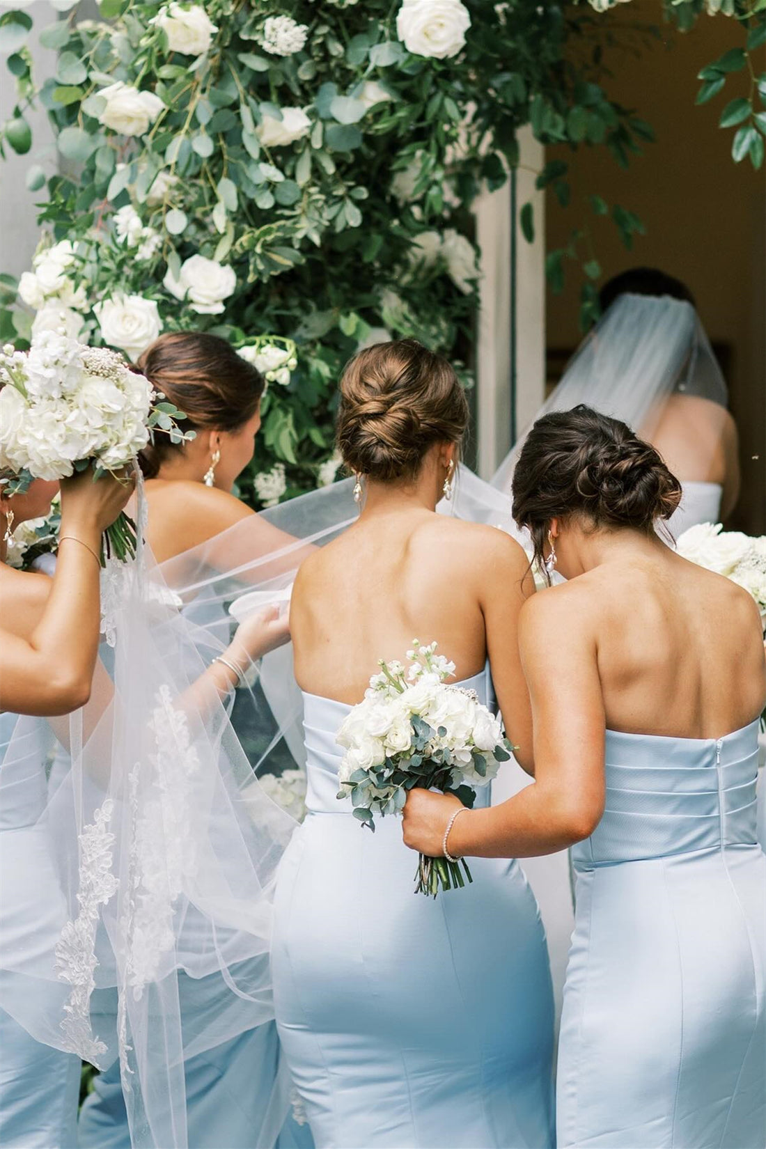 V-neck Ice Blue Back Bow Sheath Bridesmaid Dress