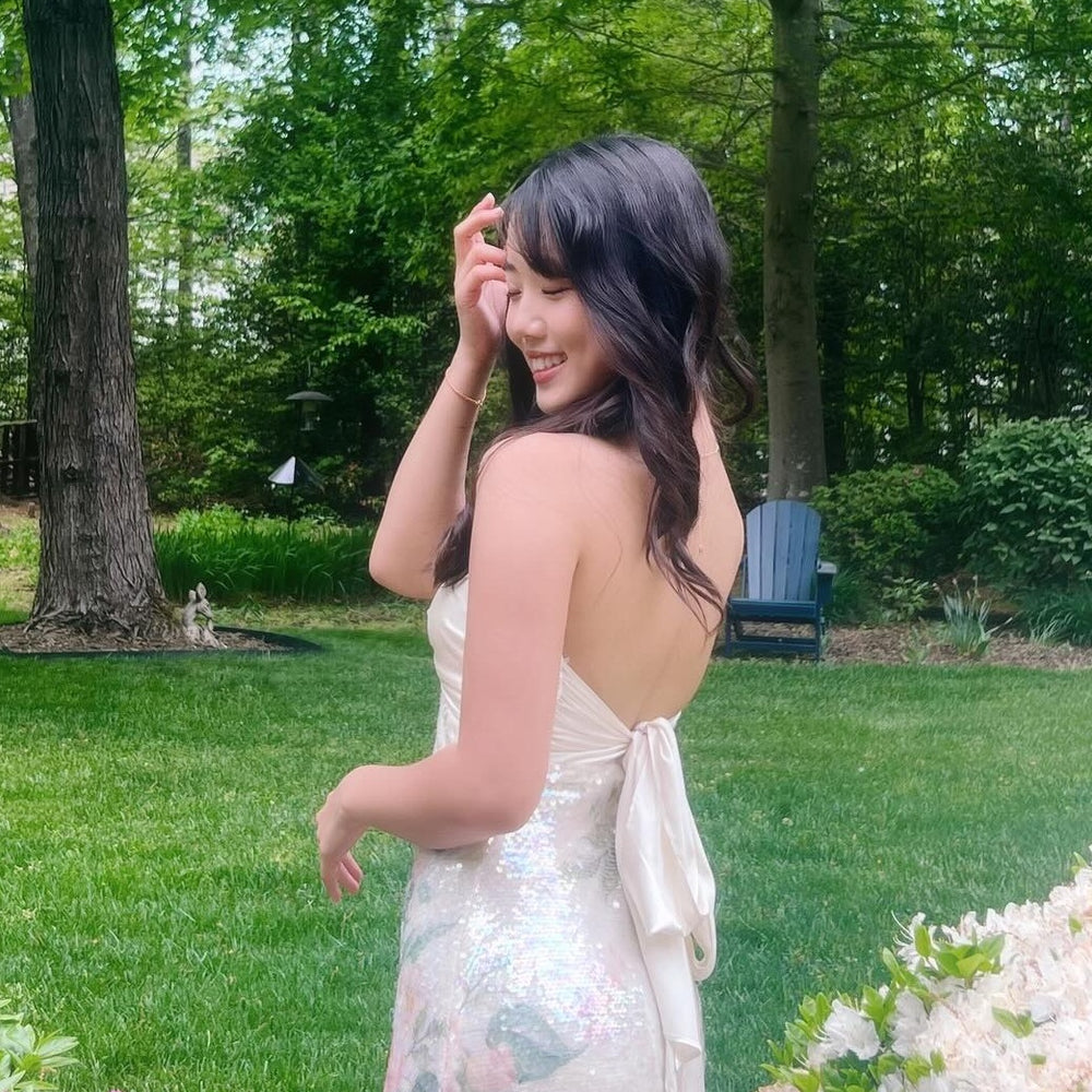 
                      
                        Strapless Ivory Twist Floral Sequin Long Dress with Slit
                      
                    