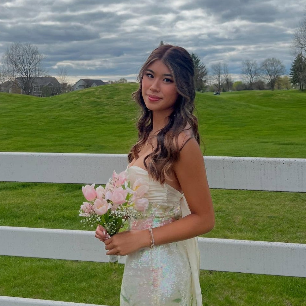 
                      
                        Strapless Ivory Twist Floral Sequin Long Dress with Slit
                      
                    