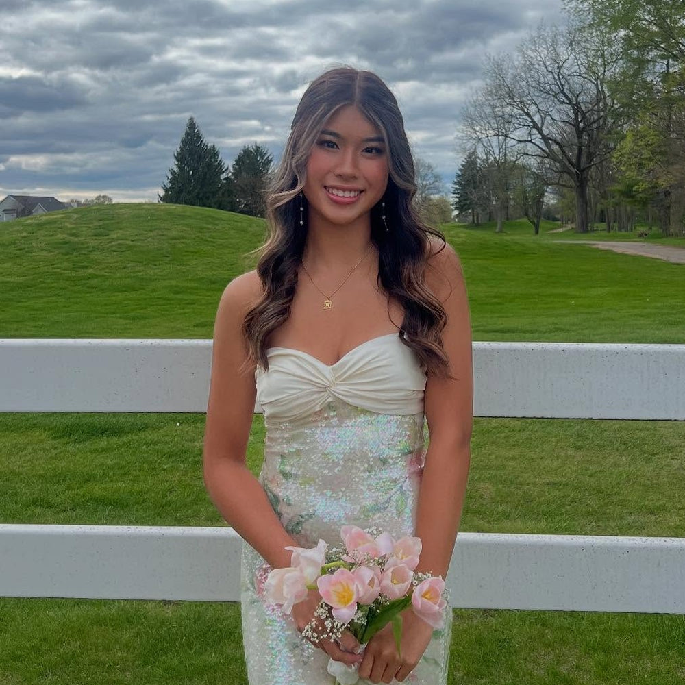 
                      
                        Strapless Ivory Twist Floral Sequin Long Dress with Slit
                      
                    