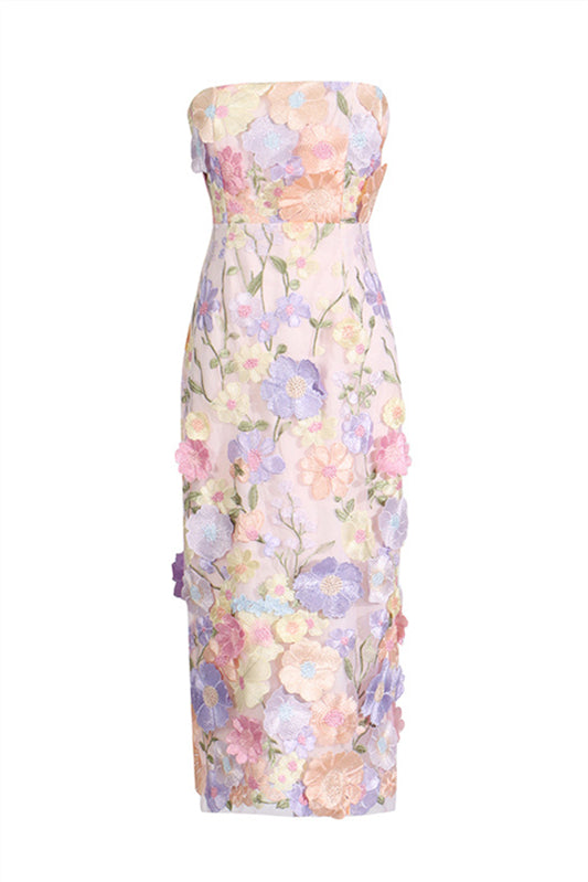 Strapless Lavender 3D Floral Sheath Maxi Dress