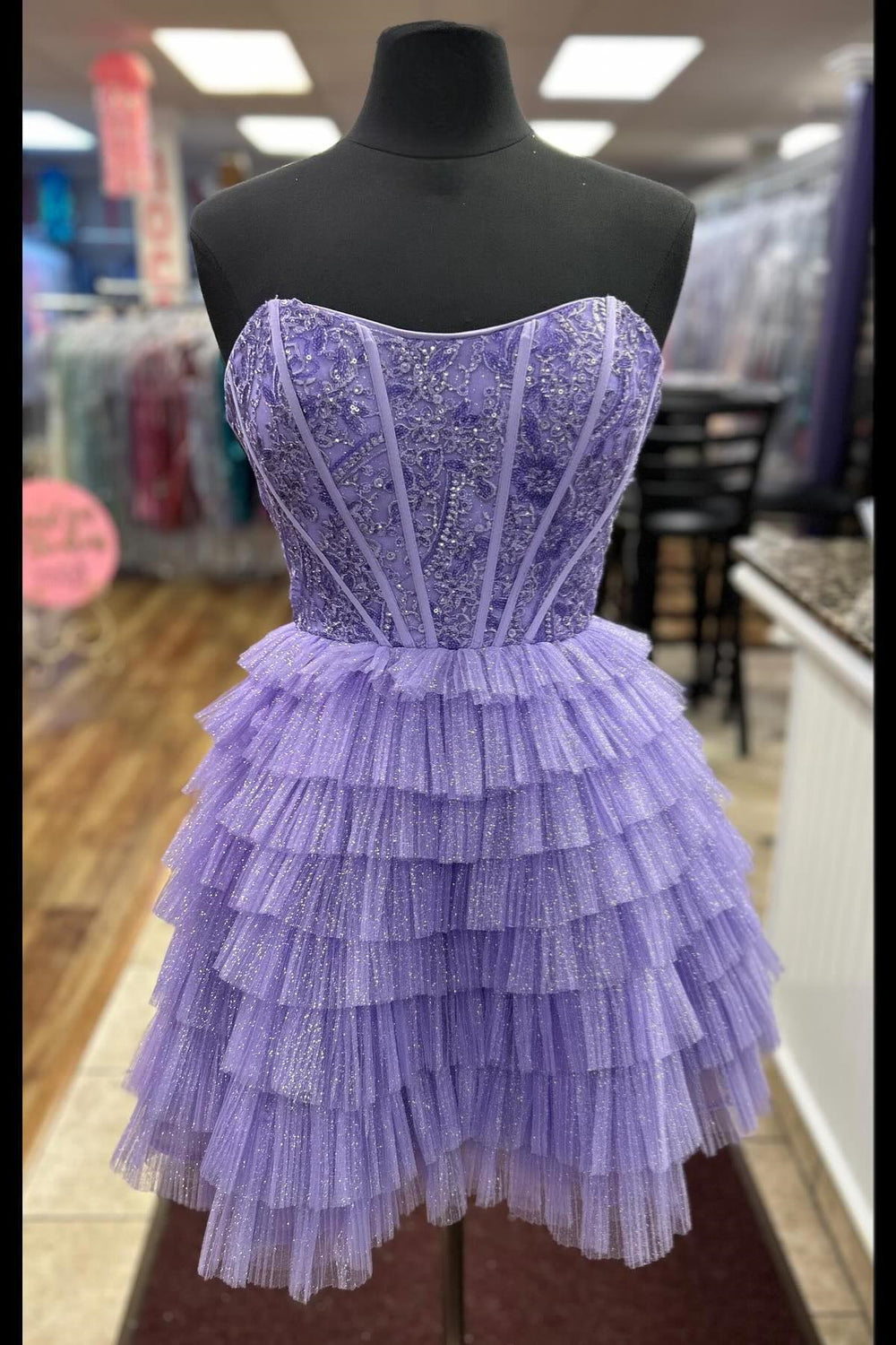 Strapless Lavender Beaded Tiered Short Dress