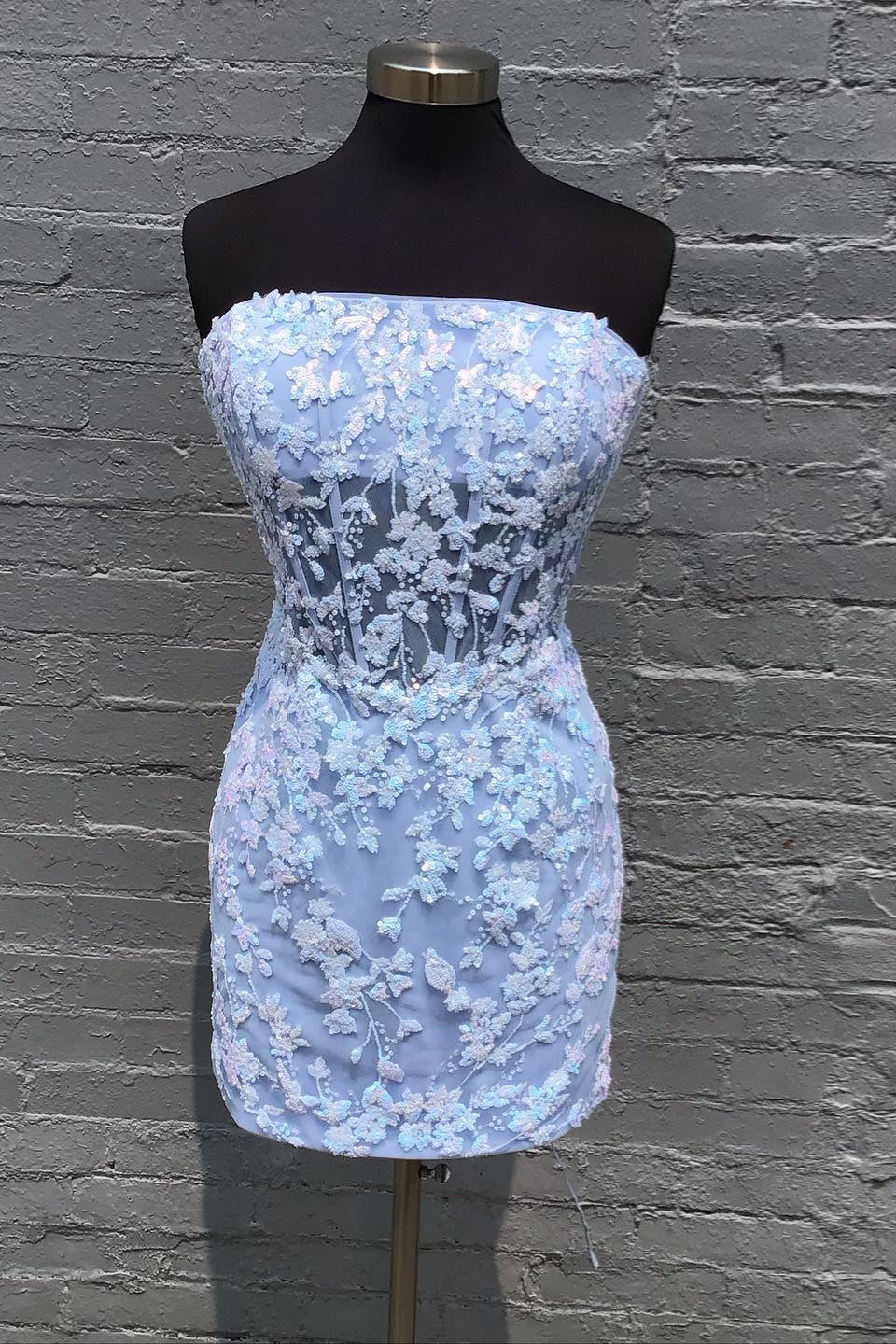 Strapless Blue Sequin Appliques Short Dress