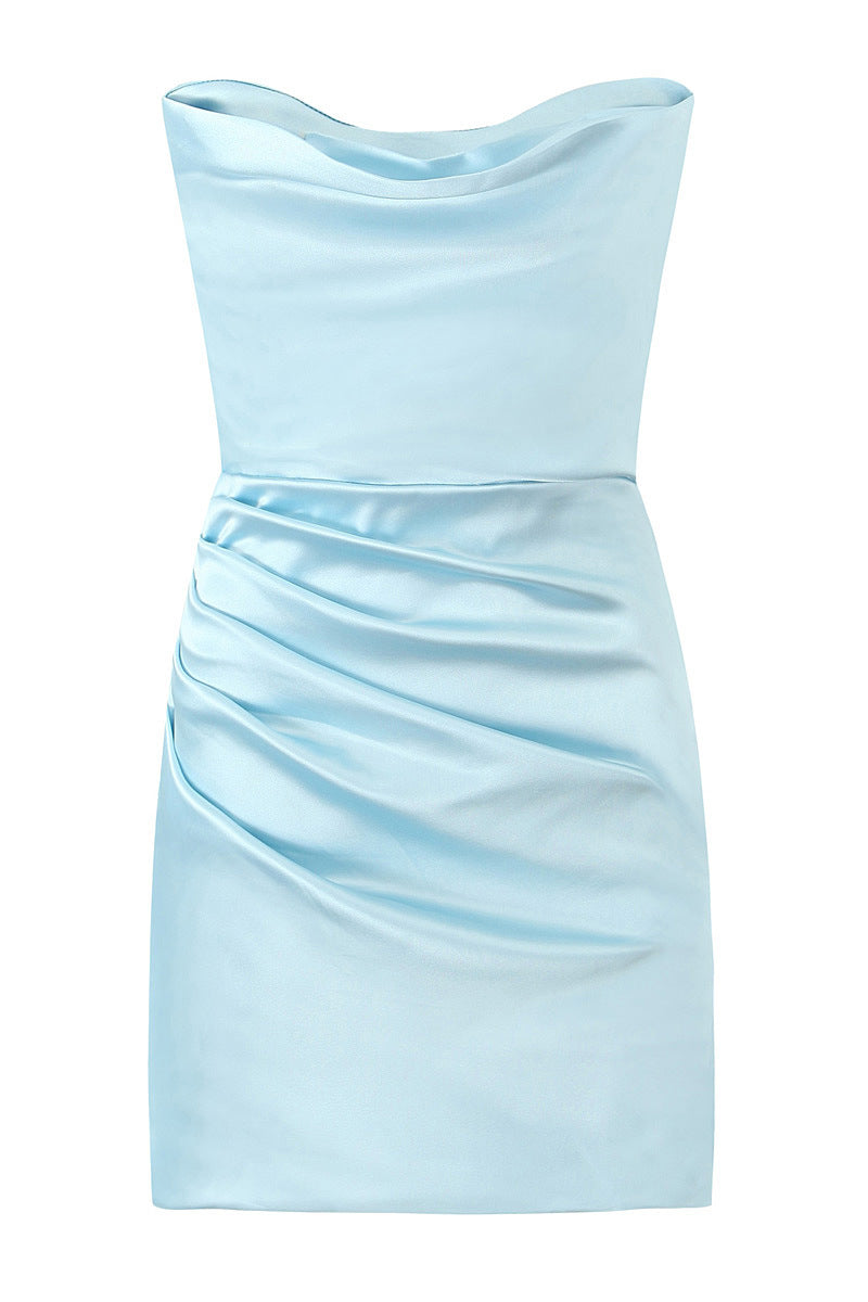 Strapless Light Blue Ruched Tight Short Dress