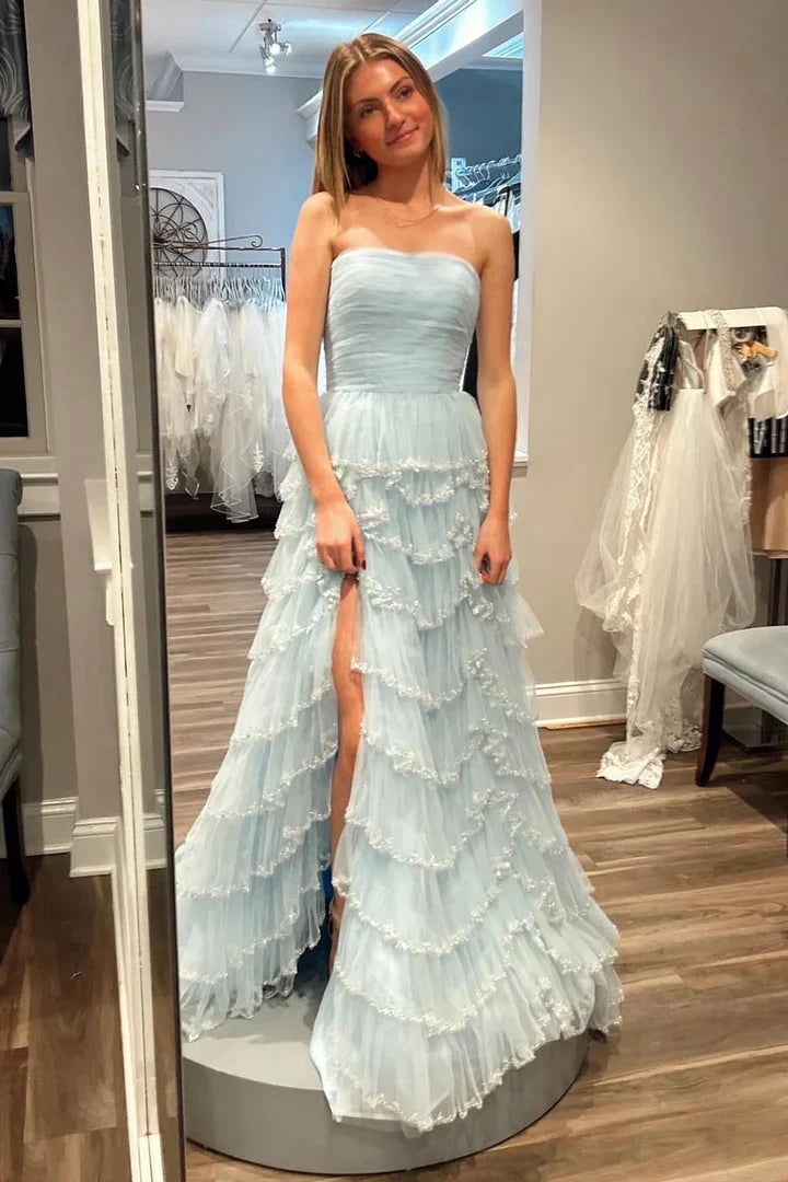 Strapless Light Blue Sequin Tiered A-line Long Dress