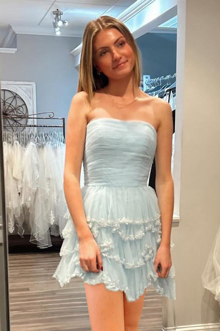 Strapless Light Blue Sequin Tiered Short Dress – PollyBoutique