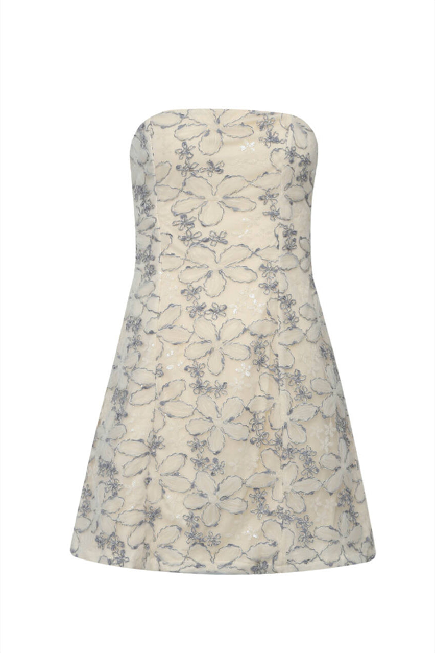 Strapless Light Grey Floral Back Tie Short Dress