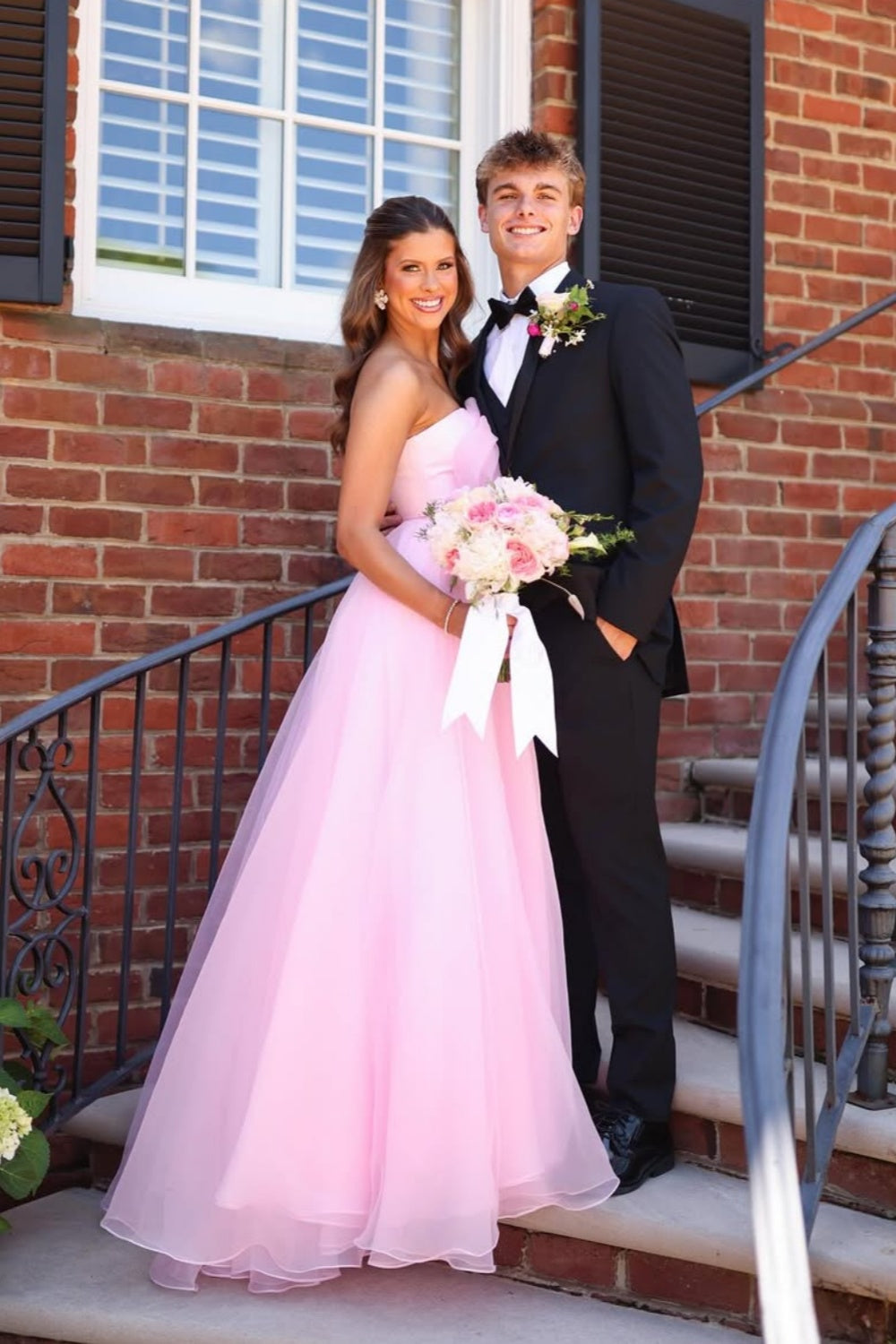 Strapless Light Pink A-line Long Dress with Flower