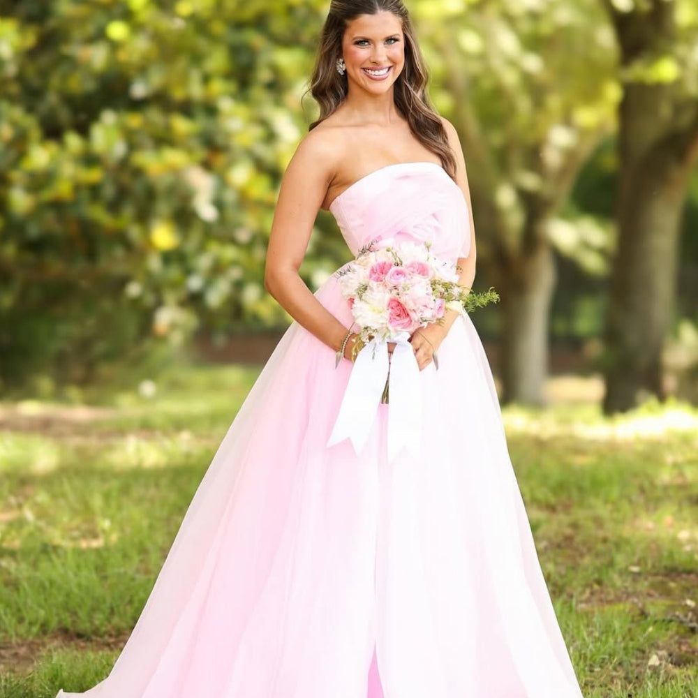 
                      
                        Strapless Light Pink A-line Long Dress with Flower
                      
                    