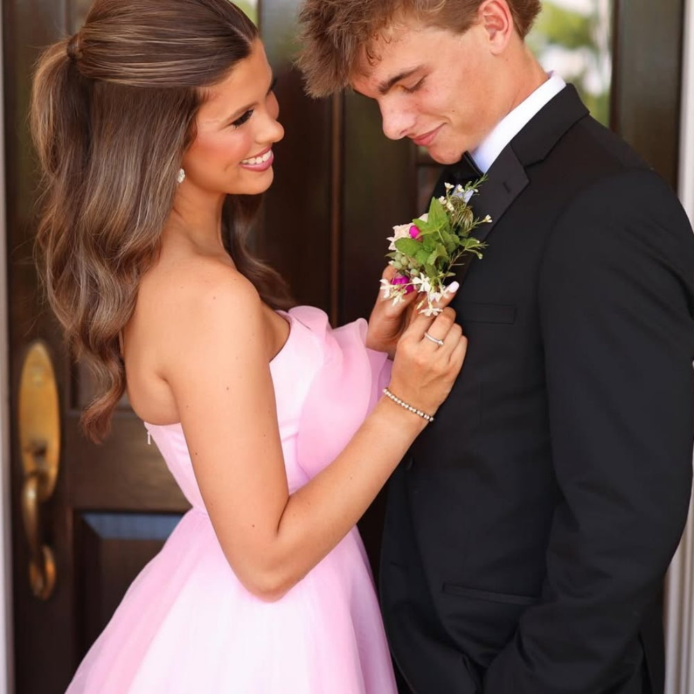 
                      
                        Strapless Light Pink A-line Long Dress with Flower
                      
                    