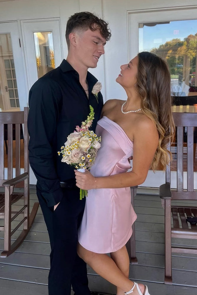 
                      
                        Strapless Light Pink Cowl Back Short Dress
                      
                    