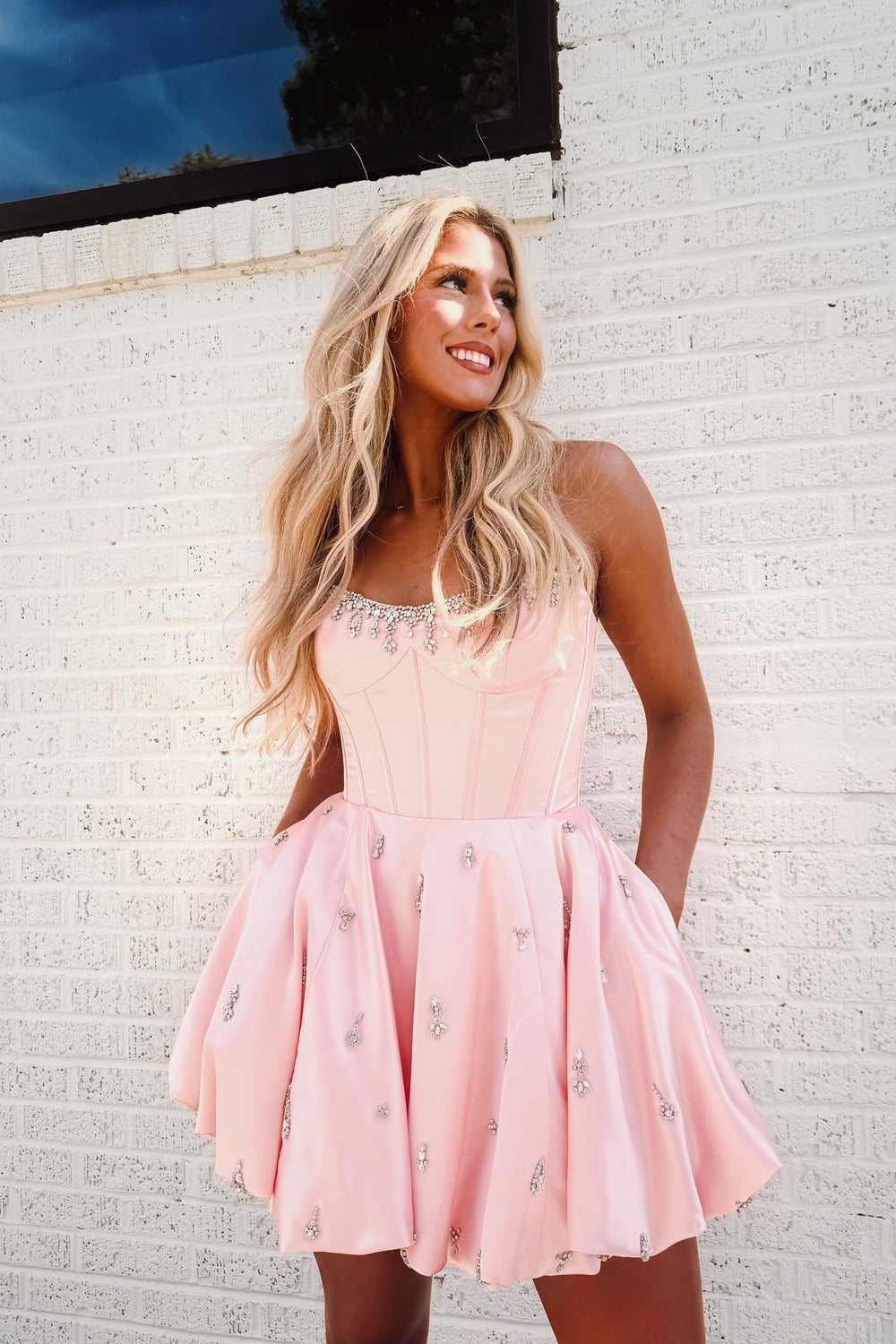Strapless Light Pink Rhinestone A-line Bubble Dress