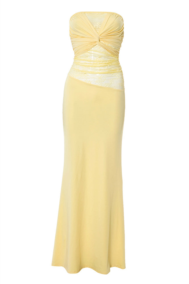 Strapless Light Yellow Twist Lace Stitching Maxi Dress