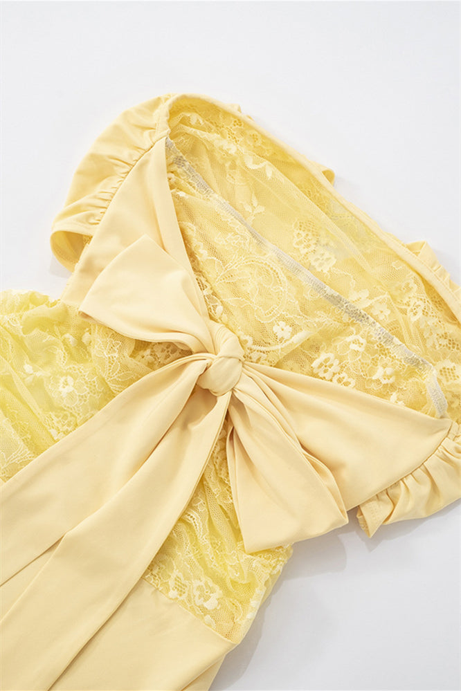 
                      
                        Strapless Light Yellow Twist Lace Stitching Maxi Dress
                      
                    