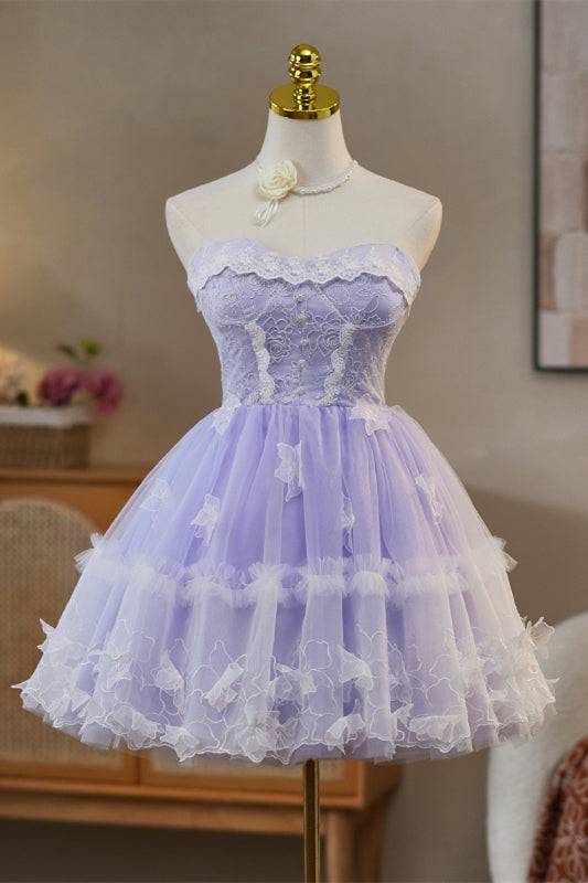 Strapless Lilac 3D Floral A-line Short Dress