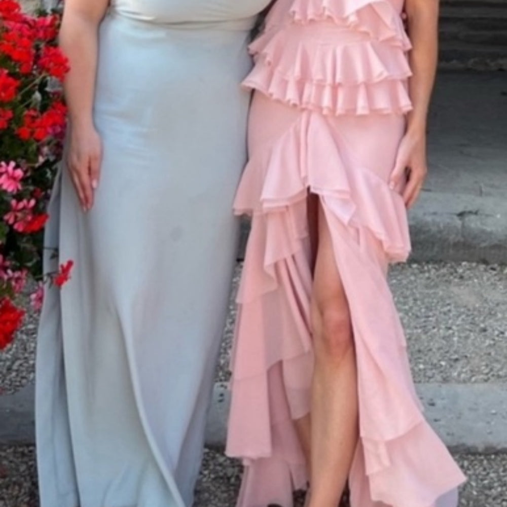 
                      
                        Strapless Lilac Cascading Ruffles Long Dress with Slit
                      
                    