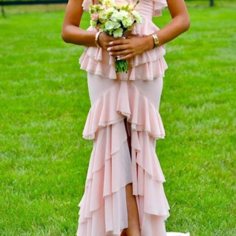 
                      
                        Strapless Lilac Cascading Ruffles Long Dress with Slit
                      
                    