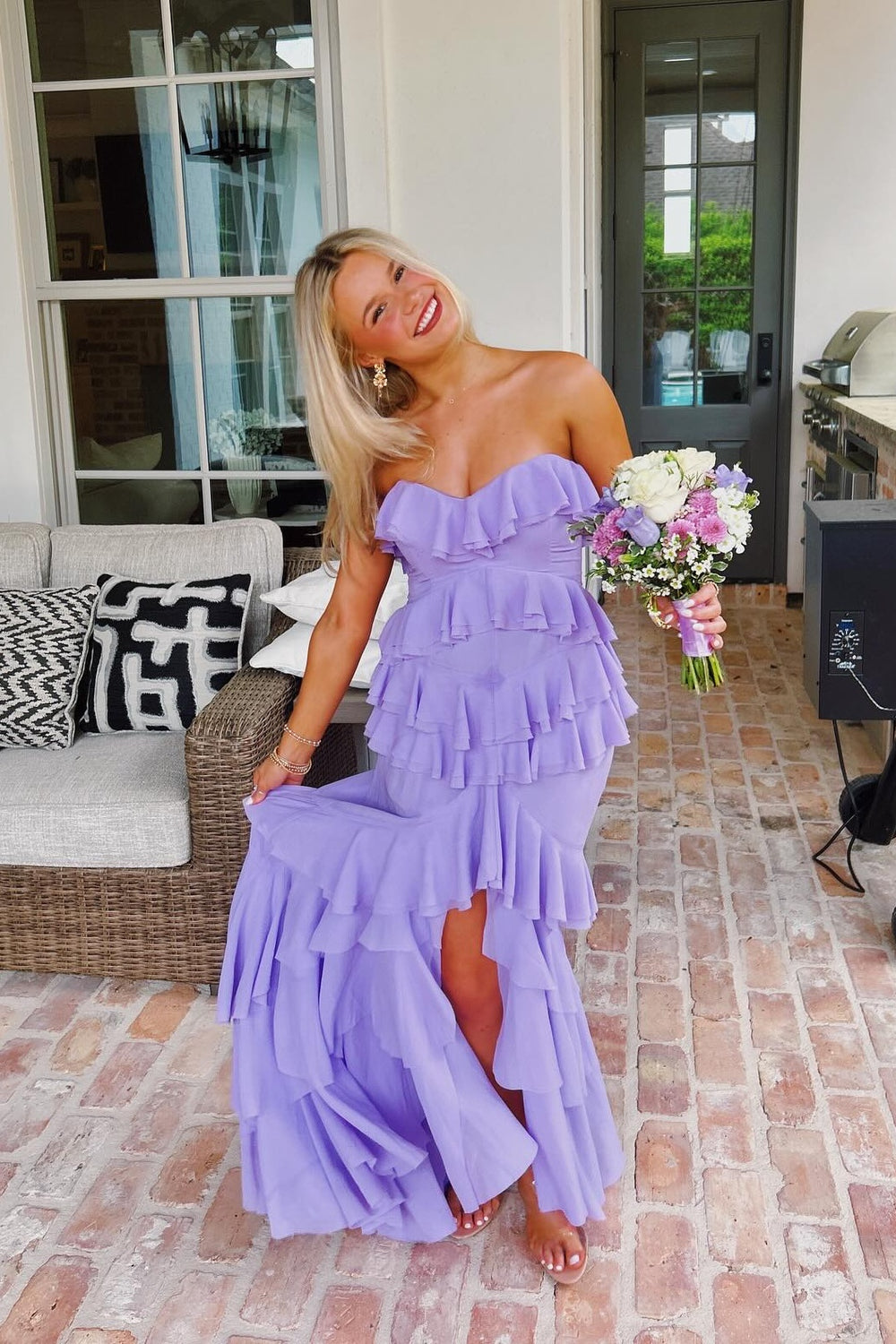 Strapless Lilac Cascading Ruffles Long Dress with Slit