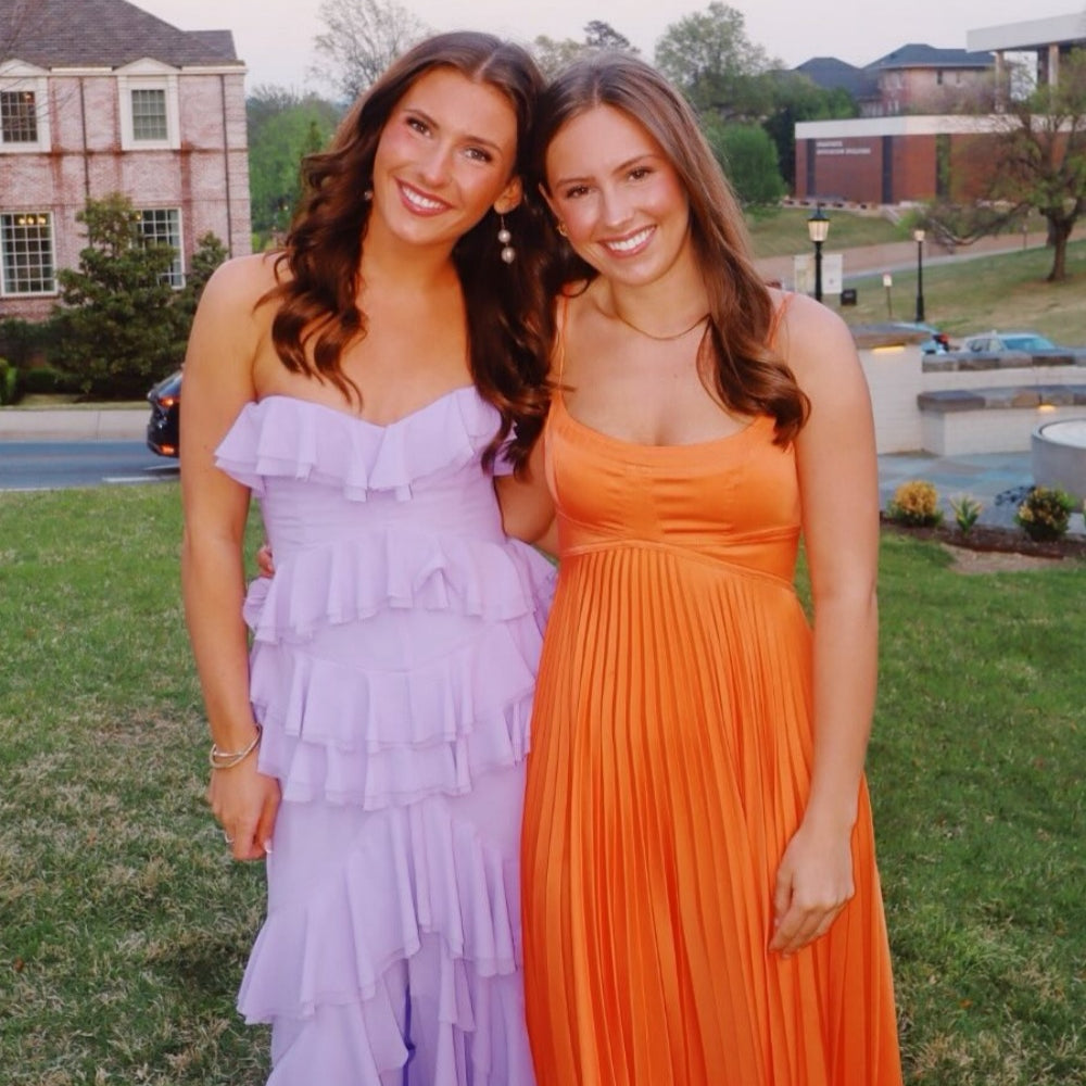 
                      
                        Strapless Lilac Cascading Ruffles Long Dress with Slit
                      
                    