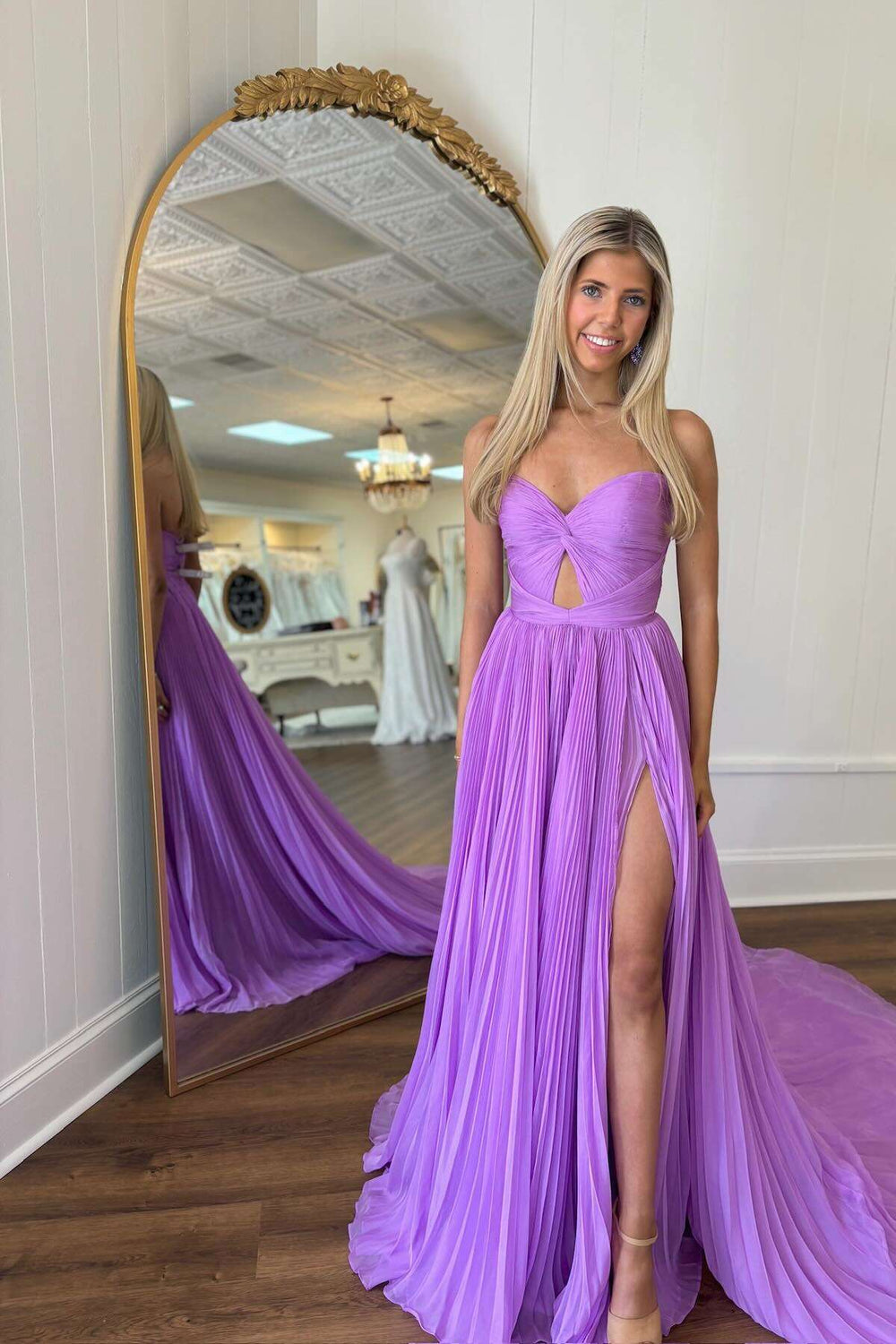 Strapless Lilac Pleated Long Dress with Keyhole