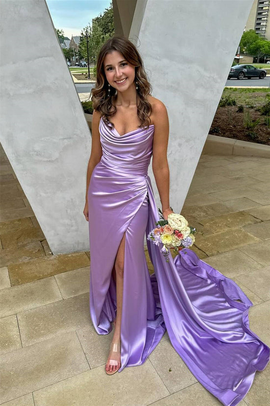Pleated Bodice Strapless Long Dress With Slit Rust main image 1